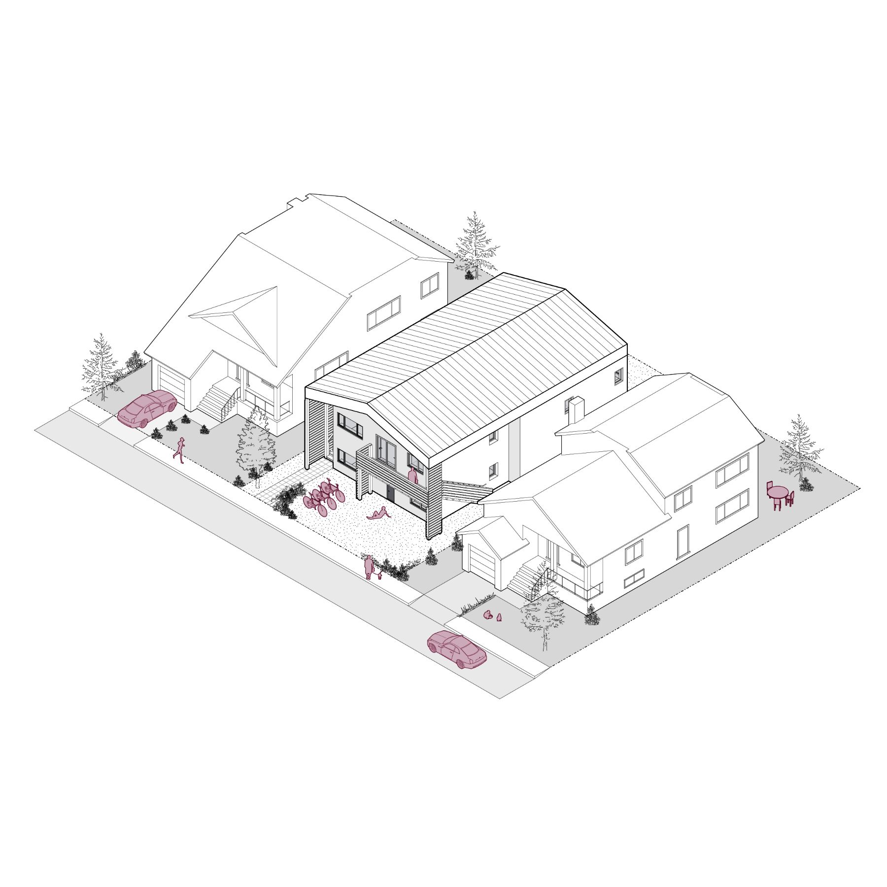 Rendu filaire 3D d’un quadruplex, dont l’aire de bâtiment est d’environ 2 200 pieds carrés. Le quadruplex est situé dans un quartier résidentiel et s’intègre harmonieusement aux logements existants.  